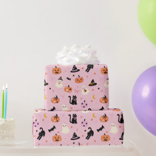 Süße rosa Halloween-Geister, Katzen und Kürbisse Geschenkpapier