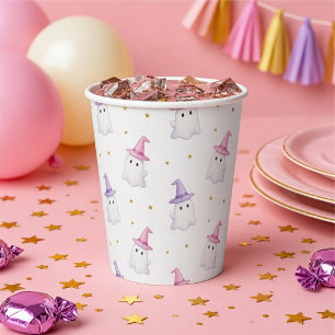 Süße rosa Halloween-Geister und Hexenhüte Pappbecher