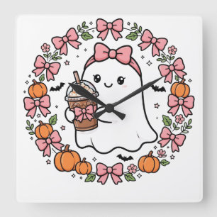 Süße rosa Halloween-Geister-Wanduhr - Coquette Gh Quadratische Wanduhr