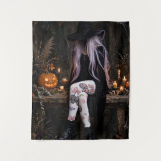 Süße rosa Halloween-Hexen-Tapete, Cottagecore Wi Wandteppich