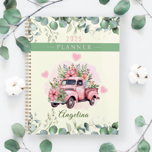 Süße rosa Herzen Vintage-Blumen-LKW Personalisiere Planer