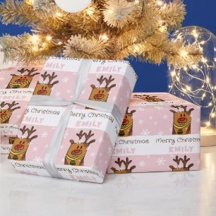 Süße rosa Hirsch Zeichnung Schneeflocken Mädchen W Geschenkpapier