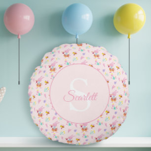 Süße Rosa Kaninchen Trompete Garten Blau Monogramm Rundes Kissen