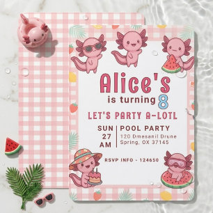Süße rosa Kawaii-Axolotl-Geburtstags-Poolparty zum Einladung