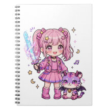 Süße rosa Kawaii-Dämonenjägerin mit magischem Schw
