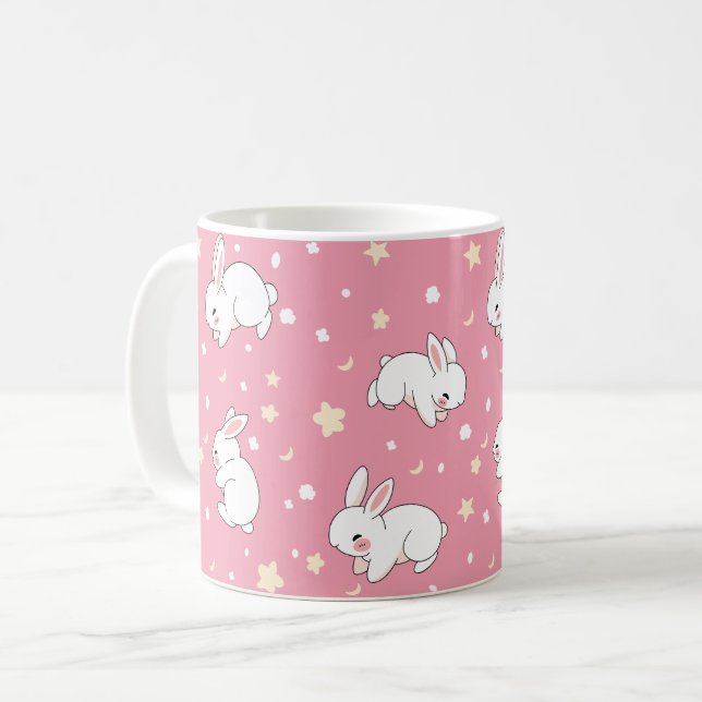 Süße rosa Kawaii-Hasen-Doodle Kaffeetasse (Vorderseite Links)
