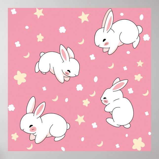 Süße rosa Kawaii-Hasen-Doodle Poster (Vorne)