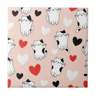Süße rosa Kawaii-Katzen und Herz-Muster (1) Fliese
