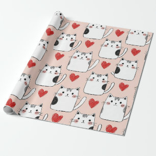 Süße rosa Kawaii-Katzen und Herz-Muster (5) Geschenkpapier