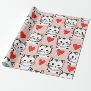 Süße rosa Kawaii-Katzen und Herz-Muster (8) Geschenkpapier