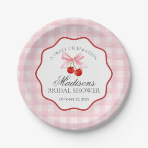 Süße rosa Koketten-Gingham-Hochzeitsdusche Kirsche Pappteller