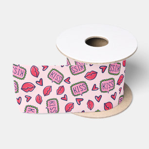 Süße rosa Lippen Küsse & Herzen Doodle-Muster Satinband