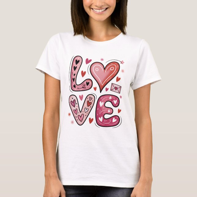 Süße rosa LOVE-Buchstaben-Herzen-Gekritzel Valenti T-Shirt (Vorderseite)