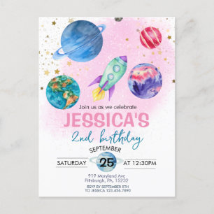 Süße rosa Mädchen-Party-Astronaut Geburtstag Postkarte