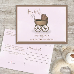 Süße rosa Mädchen-Vintage-Babykutsche Klassiker Einladungspostkarte