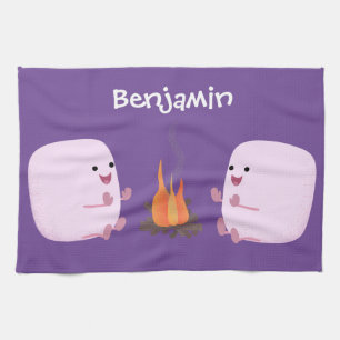 Süße rosa Marshmallows am Lagerfeuer Cartoon Geschirrtuch