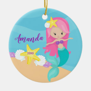 Süße rosa Meerjungfrau Weihnachtsbaumanhänger Keramik Ornament