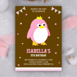 Süße rosa Pinguin-Mädchen-Geburtstags-Einladung Einladung