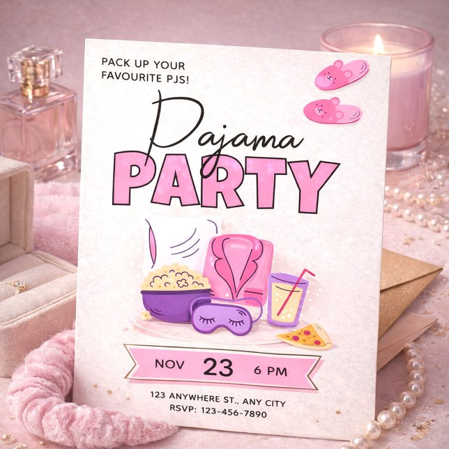Süße rosa Pyjamaparty für Mädchen Schlafparty Einladung (Cute Pink Sleepover for Girls Pajama Party Invitation, Slumber Party Invite)