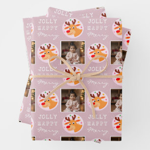 Süße rosa Rentiere Familien Foto Weihnachten Geschenkpapier Set