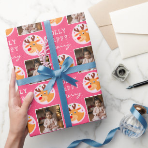 Süße rosa Rentiere Familienfoto Weihnachten Geschenkpapier