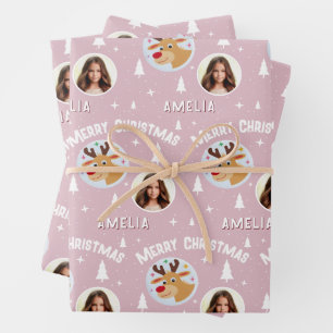 Süße rosa Rentiere Kindername Foto Weihnachten Geschenkpapier Set