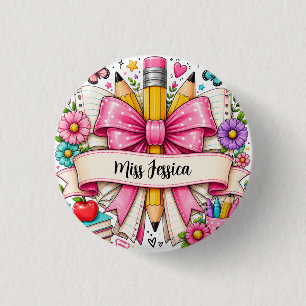 Süße rosa Retro-Blumen Cartoon Bleistift Lehrer Button