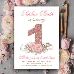 Süße rosa roségoldene Glitter-Einladung zur ersten Einladung