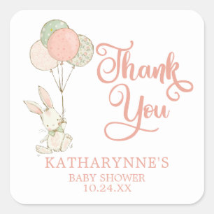 Süße Rosa Rustikale Häschen-Baby-Party Dankeschön Quadratischer Aufkleber