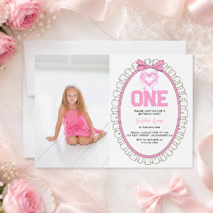 Süße rosa Schleife Coquette 1. Geburtstagsfoto Einladung