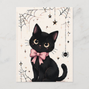 Süße rosa Schleife Spinnennetz schwarze Katze Postkarte