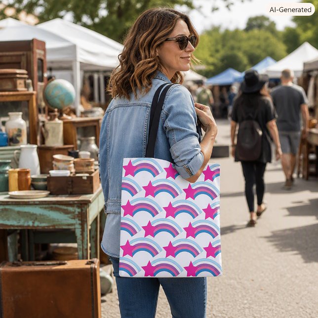 Süße rosa Stern Regenbogen Illustrationsmuster (A tote bag with a pink star and rainbow pattern.)