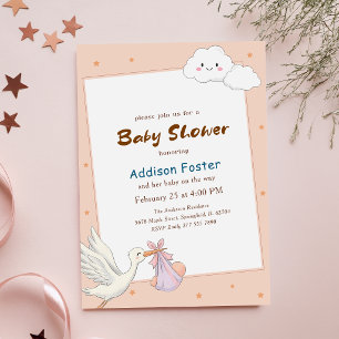 Süße rosa Storch-Mädchen-Cloud-Baby-Party Einladung