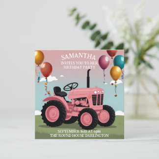 Süße rosa Traktor-Geburtstagskarte Einladung