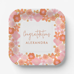 Süße rosa und orange Retro-Blumenmuster zum Abschl Pappteller