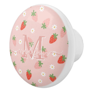 Süße rosa und rote Erdbeer-Monogramm Keramikknauf
