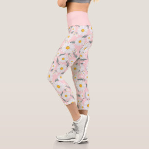 Süße rosa und weiße florale Daisy Capri Leggings