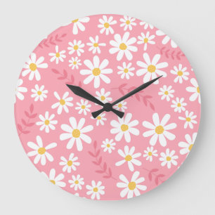Süße rosa und weiße Gänseblümchen Blumen nahtloses Große Wanduhr