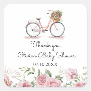 Süße rosa Vintage-Fahrrad Mädchen Baby Shower Quadratischer Aufkleber