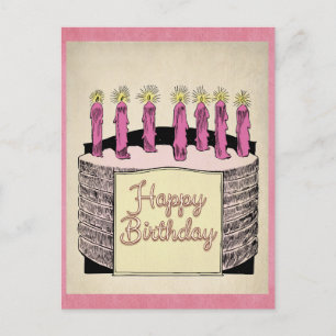 Süße rosa Vintage-Happy-Birthday-Torte-Kerzen Postkarte