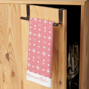 Süße rosa-weiße Schneeflocken Muster Schriftname   Geschirrtuch