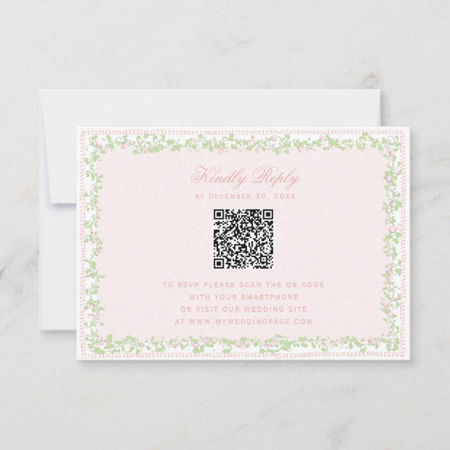 Süße Rosafarben-Blumenrahmen-RSVP mit Bogen-QR-Cod (Vorderseite)