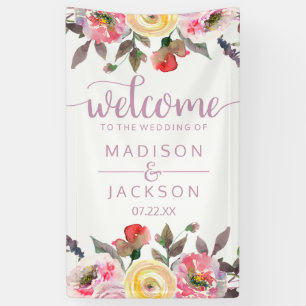 Süße Rose Aquarell Blumen Hochzeit Willkommen Banner
