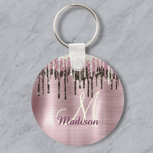 Süße Roségold-Braun-Glitter-Tropfen-Monogramm Schlüsselanhänger