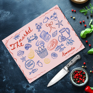 Süße rote blaue Fischmarkt-Doodle Schneidebrett