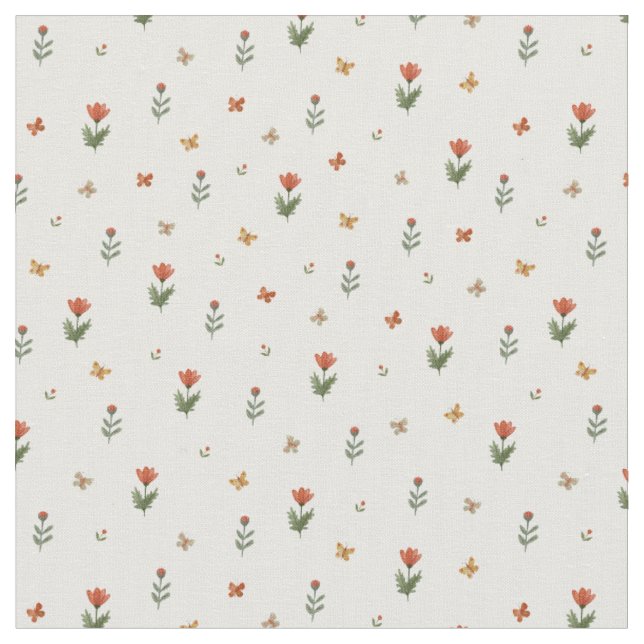 Süße rote Blumen und Schmetterlinge Blumenmuster Stoff (Nahaufnahme)