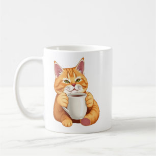 Süße rote getigerte Katze trinkt Kaffee Grafik Kaffeetasse