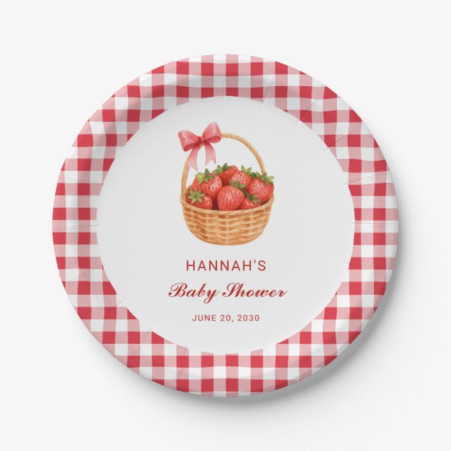 Süße rote Gingham-Erdbeer-Mädchen-Baby-Party Pappteller (Vorderseite)