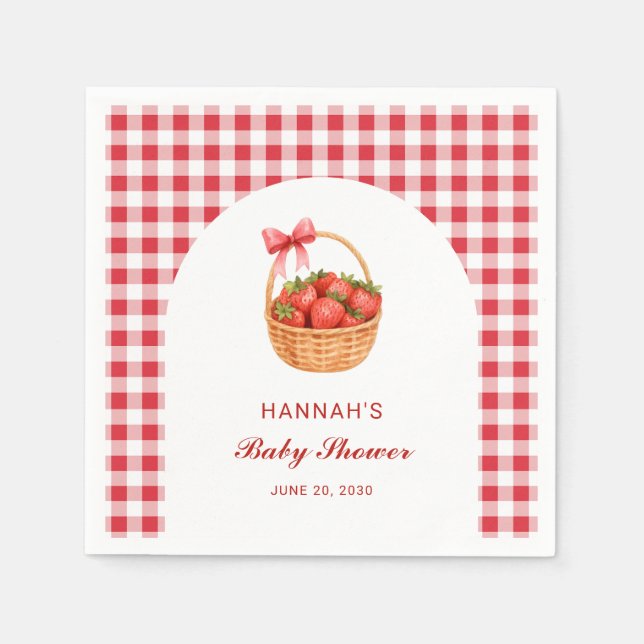 Süße rote Gingham-Erdbeer-Mädchen-Baby-Party Serviette (Vorderseite)