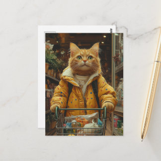 Süße rote Katze beim Einkaufen von Lebensmitteln Postkarte